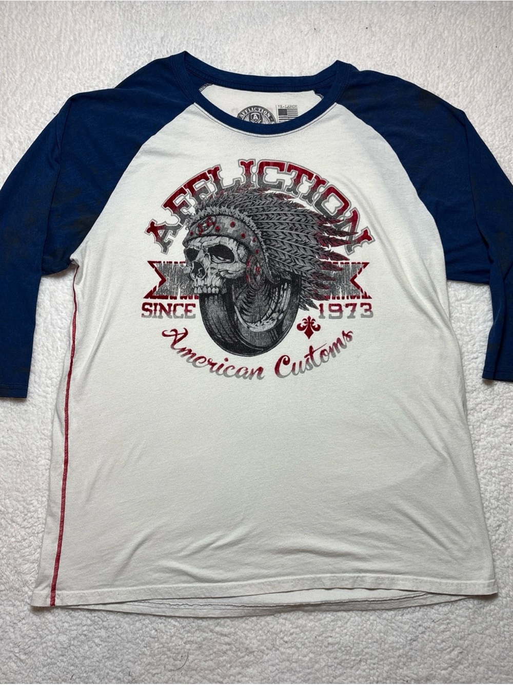 Affliction White & Navy Raglan Graphic Long Sleeve Shirt Y2K